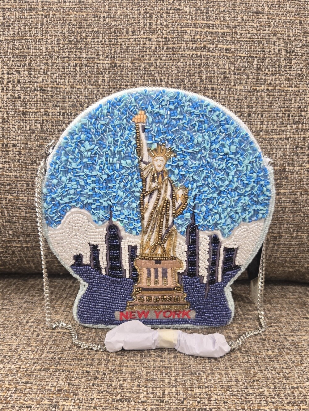 Beaded Statue of Liberty Accent Pillow in Blue and Gold